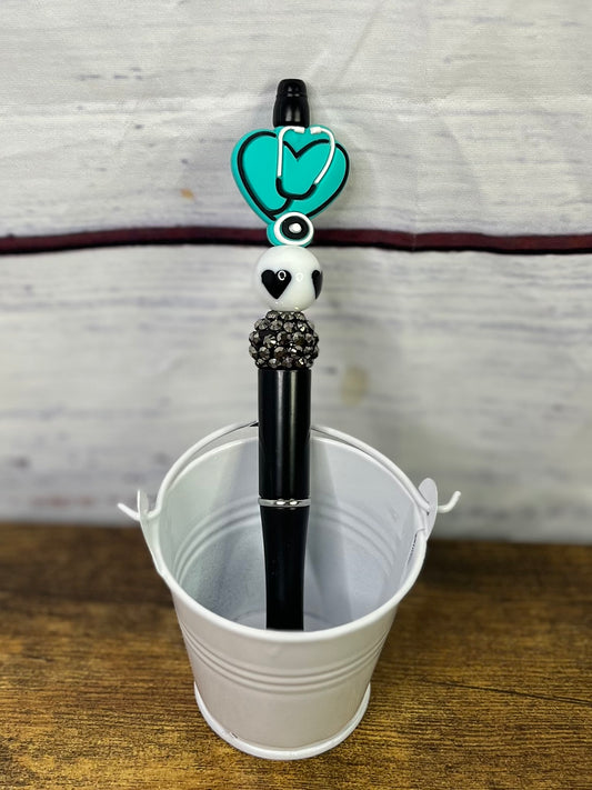 Teal Stethoscope Black Beaded Pen